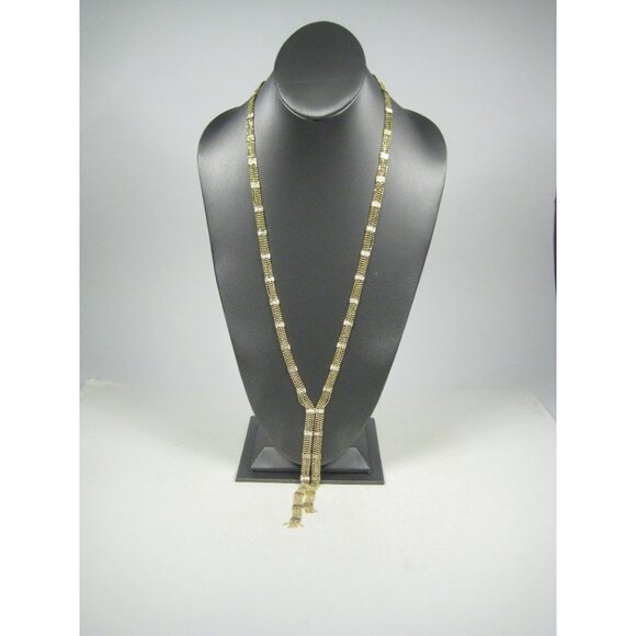Y Shaped Necklace Goldtone Chain 28 inch Vintage Tassel Modern Sleek Segmented - Picture 9 of 12